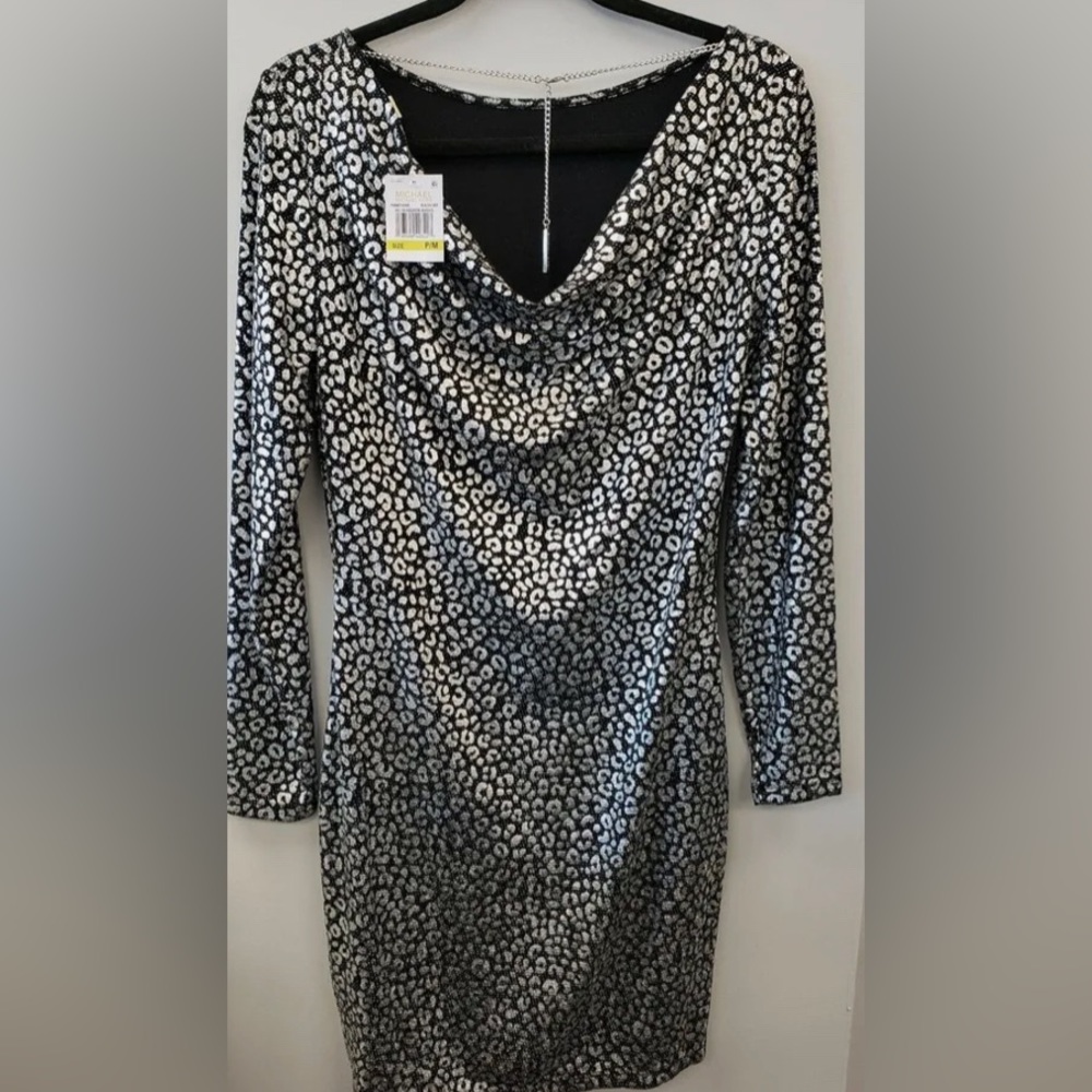 NWT Michael Kors Plus Size Black/Silver Metallic Drape Cowl-Back Dress 0X